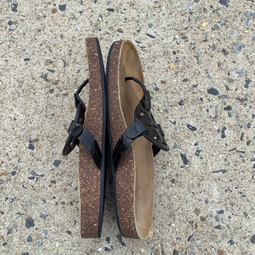 Tory Burch Miller Cloud Black Patent Leather Cork Footbed Thong Sandals Women 9M